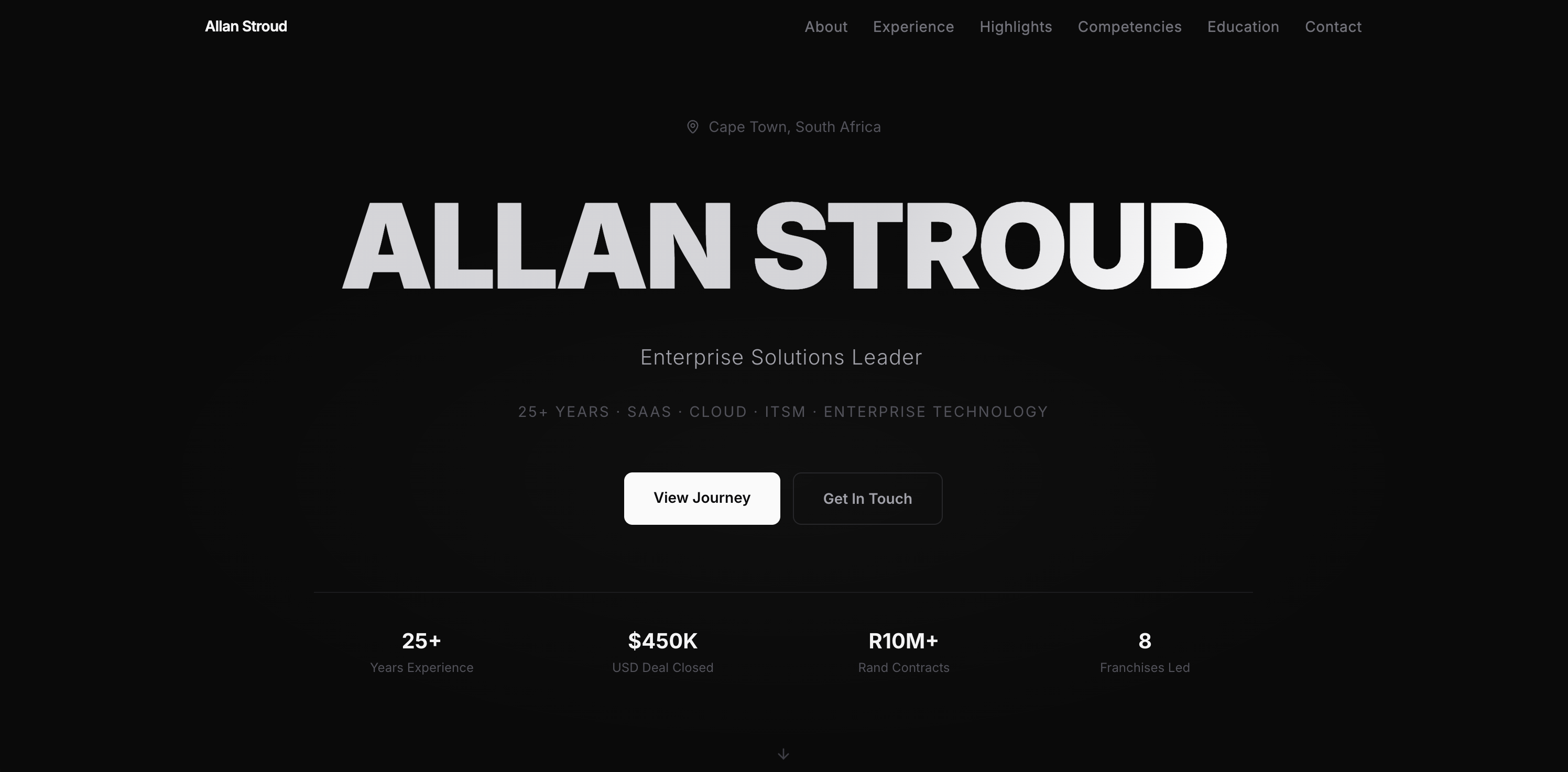 Screenshot of Allan Stroud's portfolio website for a Senior Solutions Architect in Cape Town