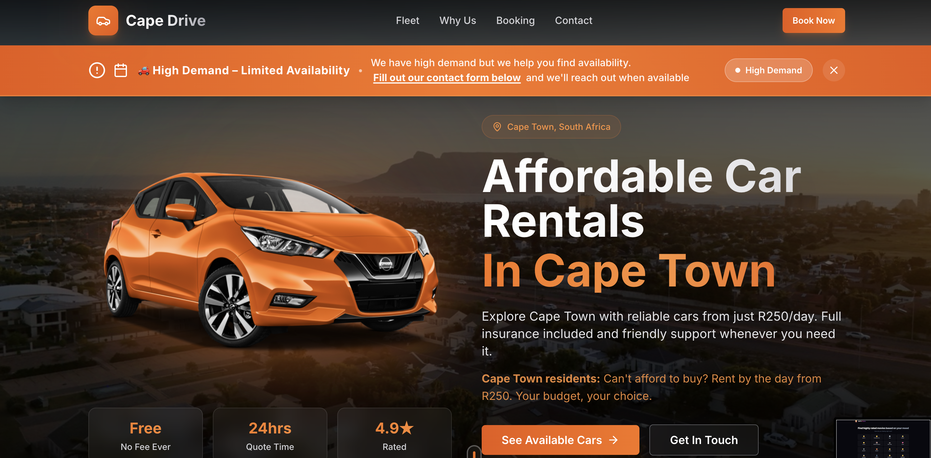 Screenshot of Cape Drive website offering affordable car rentals in Cape Town