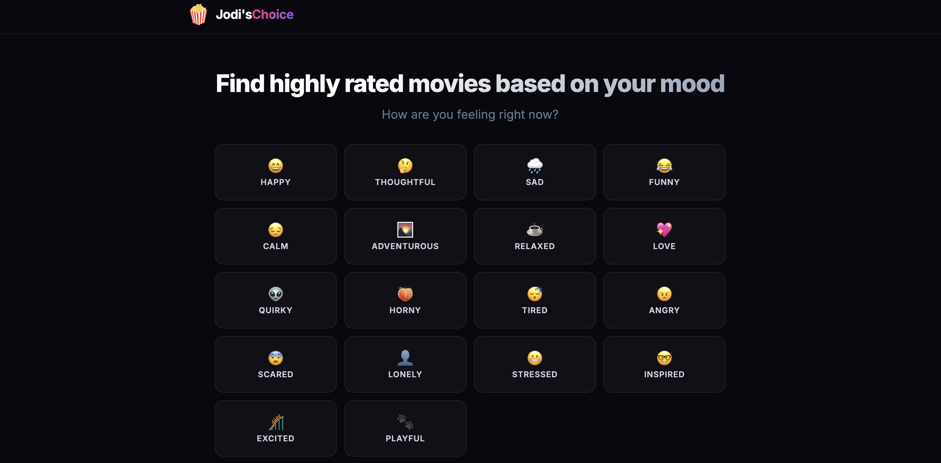 Screenshot of Jodi's Choice website, a movie recommendation app that suggests films based on your mood