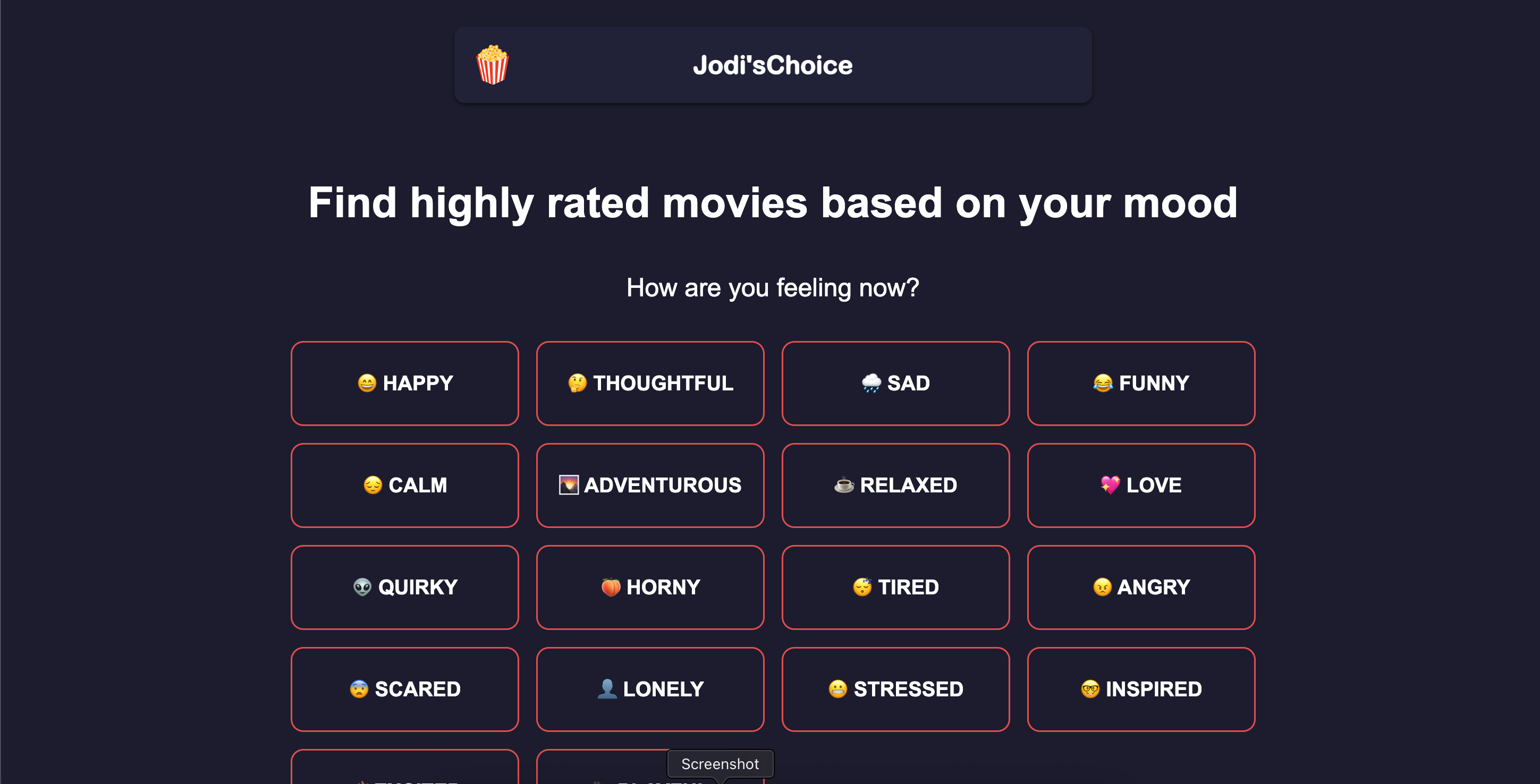 Screenshot of Jodi's Choice website, a movie recommendation app that suggests films based on your mood