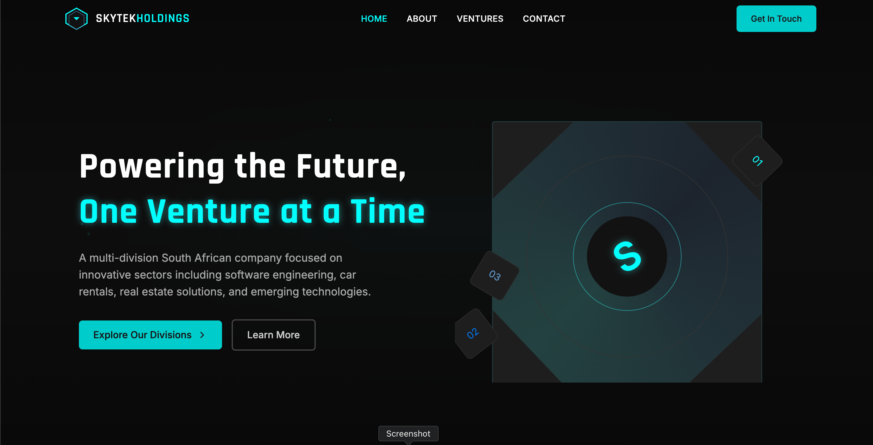 Screenshot of SkyTek Holdings website for a multi-division technology company with modern business solutions