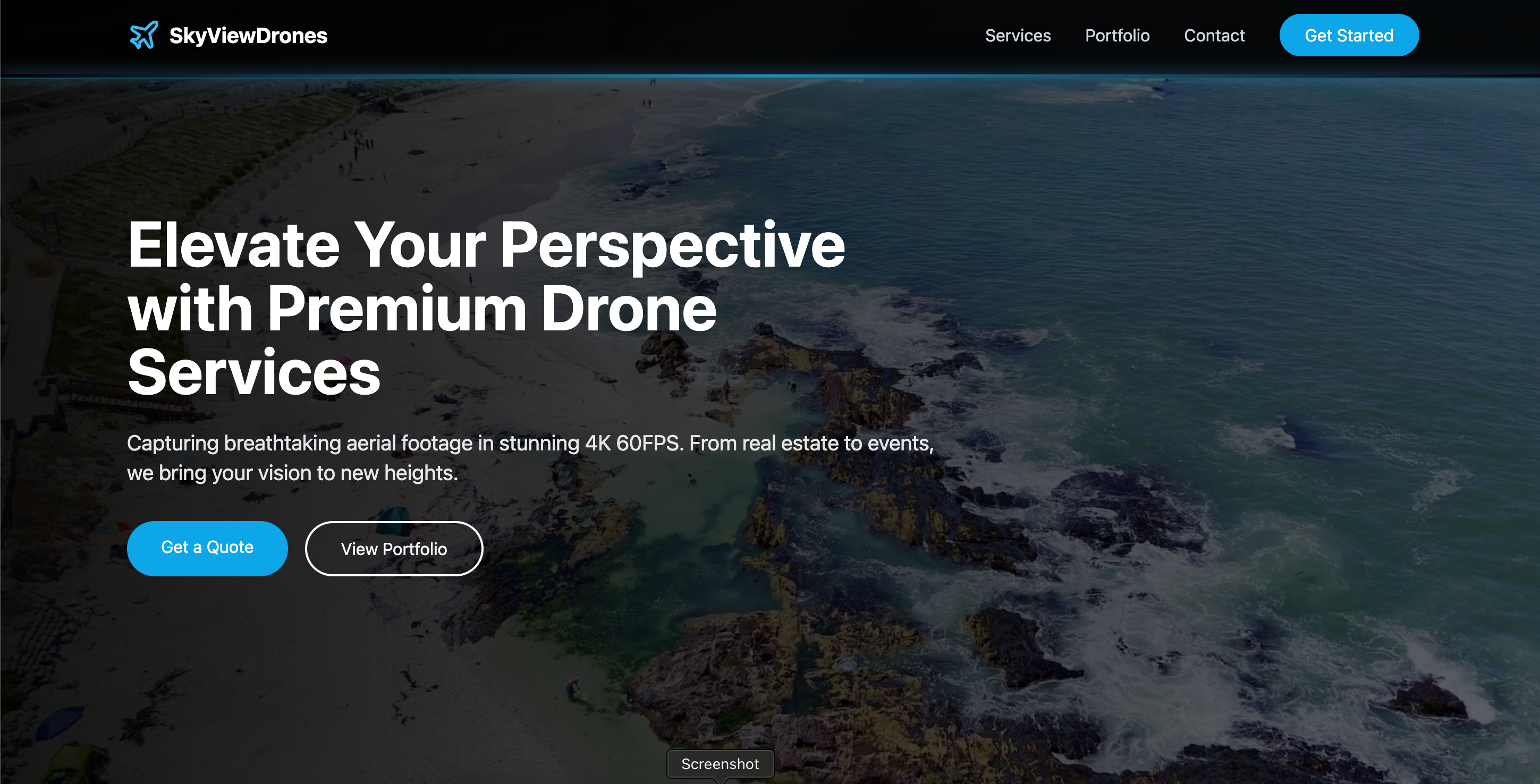 Screenshot of SkyView Drones website showcasing aerial drone photography services in Cape Town